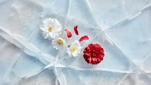 Delicate white and red flowers with petals resting on fractured ice surface with soft diffused light