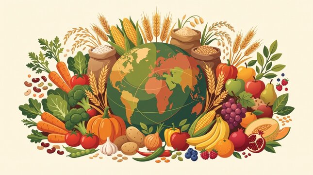 Fresh Fruits and Vegetables for World Food Day, Healthy Seasonal Harvest with Nutritious Food, Sustainable Agriculture and Global Food Awareness Vector Illustration