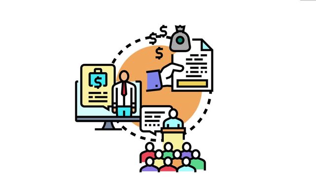 Advisory session concept showing hands exchanging contracts and money, with a financial consultant advising a client remotely and a group participating in a seminar or workshop