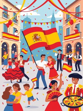 Spanish National Day Celebration with Spanish Flags, Festive Decorations, Proud People Celebrating Independence, National Pride, Cultural Heritage and Patriotic Spirit Cartoon Vector Illustration
