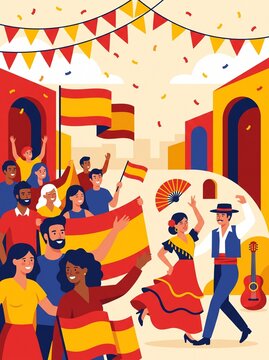 Spanish National Day Celebration with Spanish Flags, Festive Decorations, Proud People Celebrating Independence, National Pride, Cultural Heritage and Patriotic Spirit Cartoon Vector Illustration
