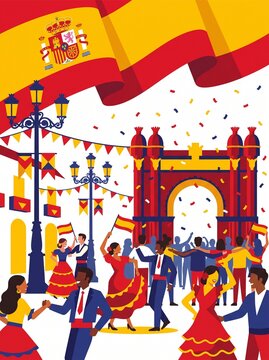 Spanish National Day Celebration with Spanish Flags, Festive Decorations, Proud People Celebrating Independence, National Pride, Cultural Heritage and Patriotic Spirit Cartoon Vector Illustration