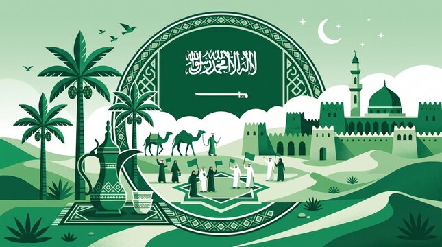Saudi Arabia Independence Day Design with Mosque Calligraphy, Urban Cityscape, Architectural Skyline, and Elegant Vector Illustration for Dining and Hospitality Branding