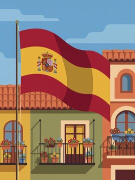 Spanish National Day Celebration with Spanish Flags Displayed on Historic European House Rooftops, Traditional Architecture, Old Town Street, Cultural Heritage and Tourism Stock Photo