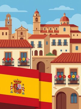 Spanish National Day Celebration with Spanish Flags Displayed on Historic European House Rooftops, Traditional Architecture, Old Town Street, Cultural Heritage and Tourism Stock Photo