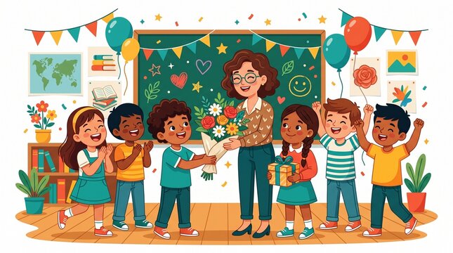 Happy International Teachers' Day Celebration with Teacher and Students, Cheerful Classroom Learning, Education, Appreciation, School Community and Teacher Student Bonding Vector Illustration