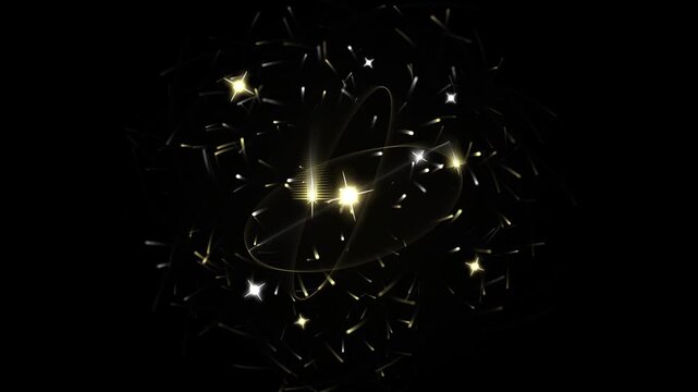 Abstract golden particle atom model rotating in space, science technology background, physics