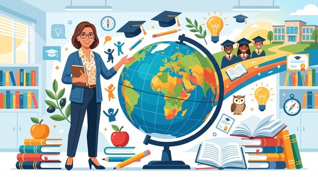 Smiling School Children Holding a Globe for Education, Geography, World Travel, Global Community and Environmental Awareness Concept