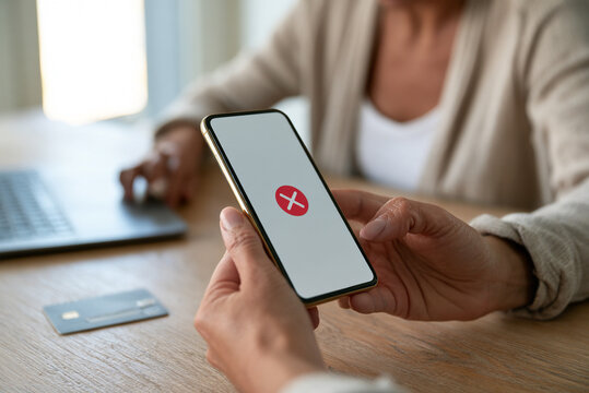 Close-up of frustrated person's hands holding smartphone with generic transaction declined message, bank card on desk, online banking problem concept.