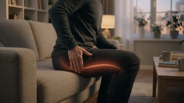 3d medical illustration of man experiencing sciatica pain on sofa