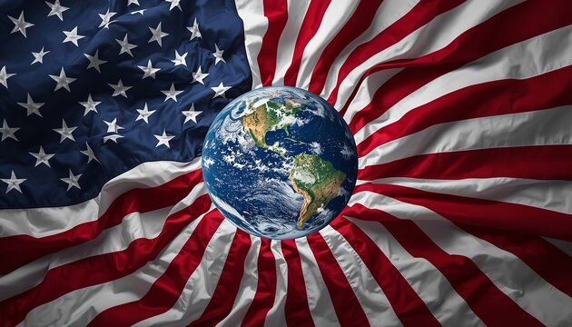 Planet earth globe positioned centrally above a gracefully draped american flag background with vibrant red white and blue fabric textures