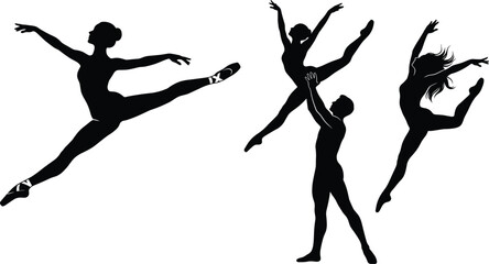 Ballet Dancers Silhouettes Vector Collection Featuring Dancing Women in Elegant Poses for Dance, Fitness, Sport and Artistic Movement Illustrations © Nirmol