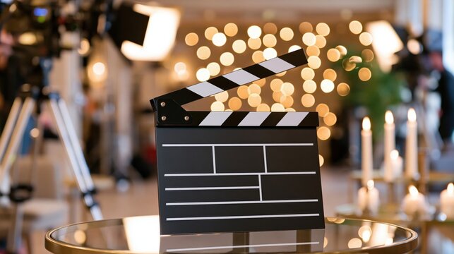A production clapperboard sits on a table in front of blurred lights and camera equipment.