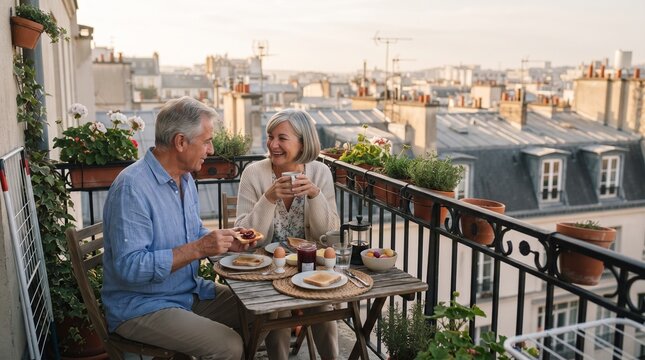 Elderly couple enjoying a romantic breakfast on a Parisian balcony at sunrise