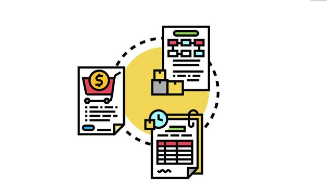 Icon set the maximum quantity per order concept, featuring documents with a shopping cart, product boxes, and a clock symbol representing limits and delivery
