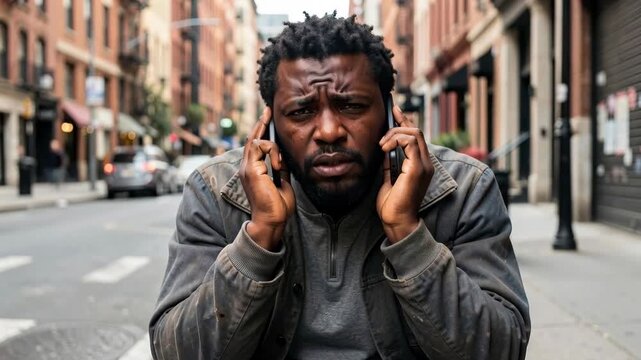 Distressed man with dreadlocks listening to headphones on a city street