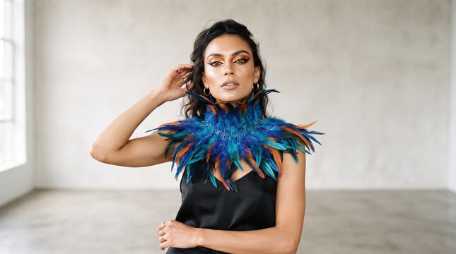 Woman with vibrant blue and orange feather collar and dramatic eye makeup