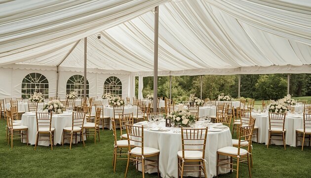 Elegant wedding marquee tent featuring round tables with white tablecloths and gold chiavari chairs set for a grand outdoor celebration