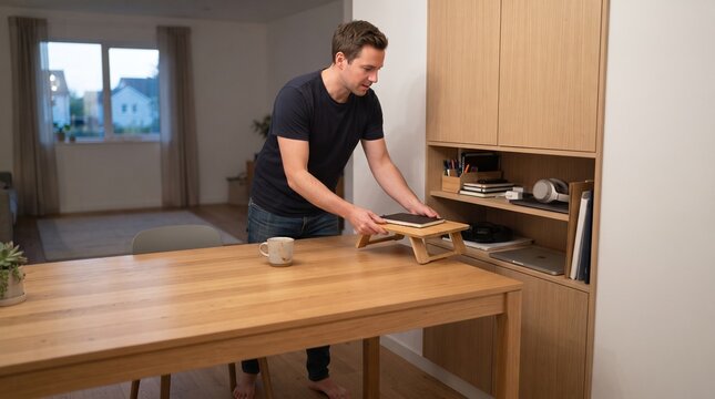 Man tidying up a wooden dining table with a laptop stand and office supplies