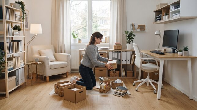 Young woman organizing books and boxes in a bright home office space