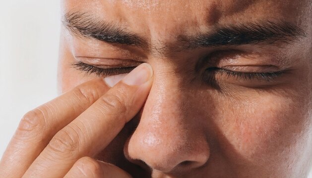 Man Massaging Bridge of Nose Suffering from Sinus Pain or Fatigue
