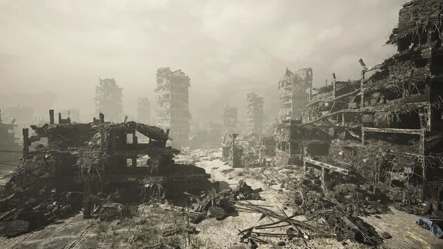 foggy industrial wreckage with towering cranes, collapsed docks and twisted metal, salvage teams staged offframe, rusted beams littering shoreline, heavy
