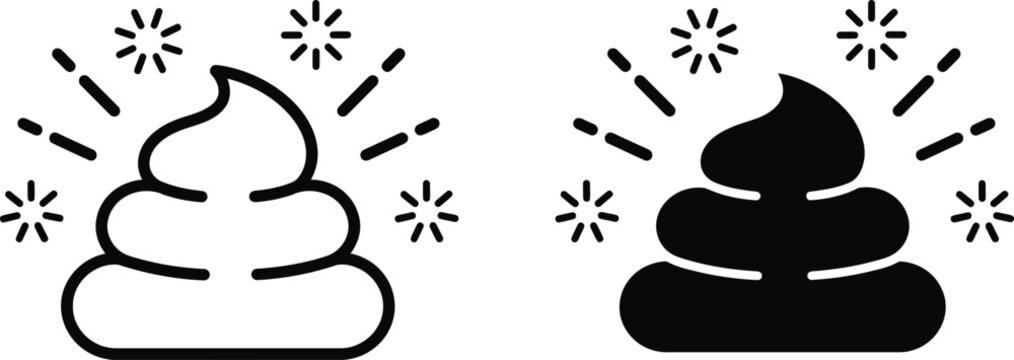 Minimalist poop emoji icons, black and white pile of feces symbols, 2 vector line and silhouette elements for humor and hygiene design