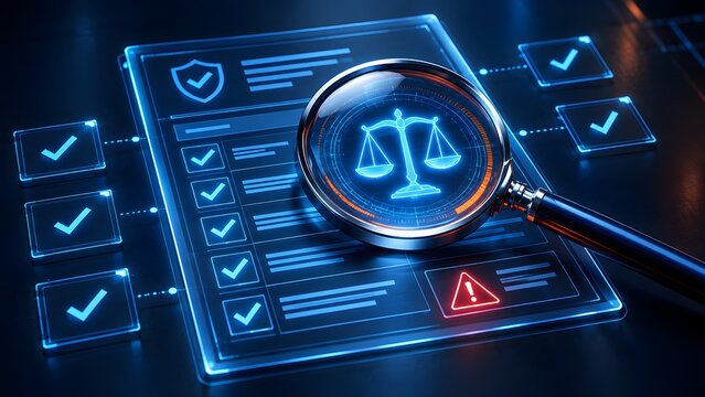 Magnifying glass focusing on glowing digital scales of justice over a compliance checklist interface representing legal analysis and regulatory assessment