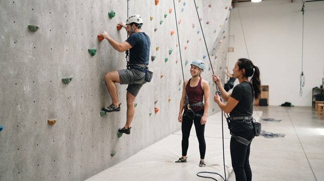 Young couple enjoys indoor rock climbing with instructor spotting them