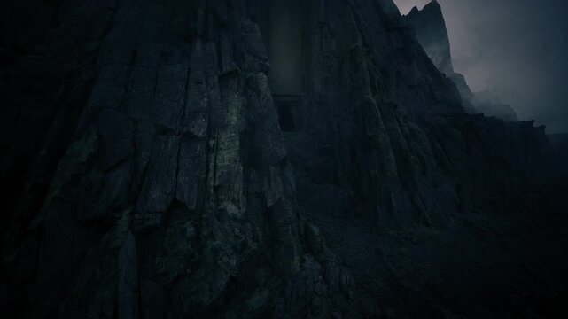 towering basalt cliff shrouded in darkness, dramatic vertical rock face with deep shadows and rugged texture evoking isolation and raw geology, cinematic