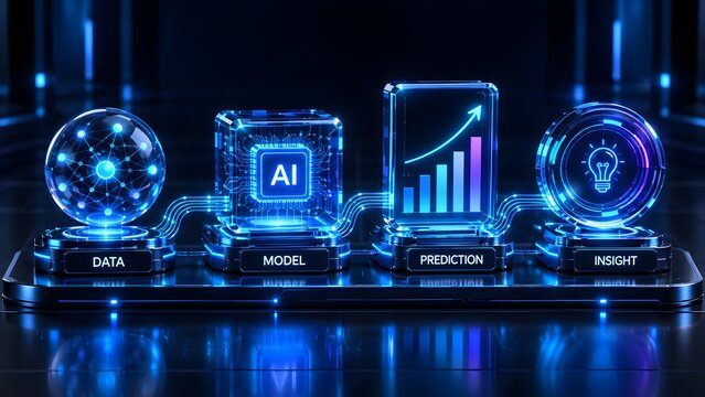 Glowing digital artificial intelligence workflow pipeline displaying data, model, prediction, and insight stages for machine learning processing