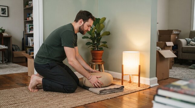 Man setting up meditation cushion and blanket in a room with moving boxes