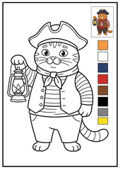 Obraz premium Cute chubby pirate cat holding a classic lantern in a clean black and white coloring book sheet with colored reference and a matching vertical color palette.