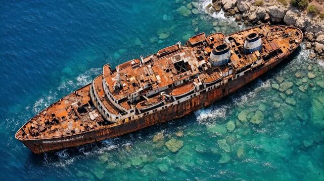 Aerial View of Abandoned Rusting Ship in Turquoise Coastal Water