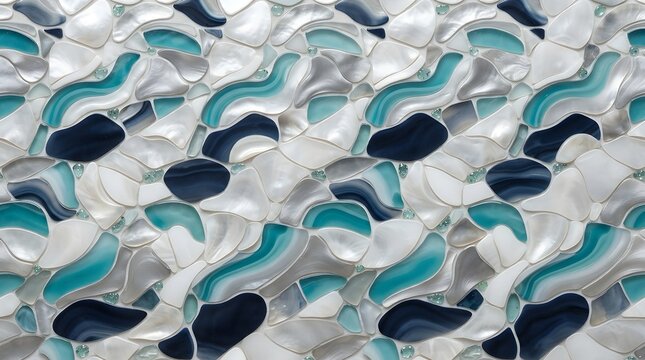 Abstract wave pattern mosaic, teal and white ceramic tile texture, organic fluid shapes background for interior design