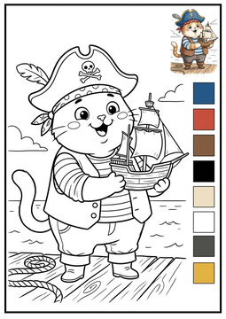 Cute chubby pirate cat holding a small sailing ship model in a clean coloring book character sheet with bold line art, colored reference and palette.