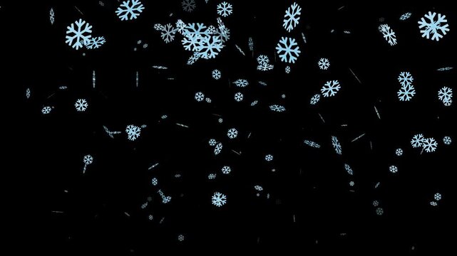 Falling snowflakes animation on black background, blue winter snow particles overlay video loop