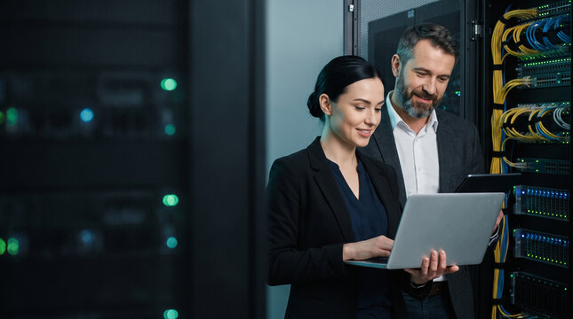 Smiling female IT specialist working on laptop while standing next to male colleague, professional engineers monitoring mainframe system in cloud data center server room