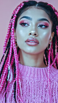 A woman with bright pink dreadlocks wearing a pink sweater, great for creative or lifestyle images