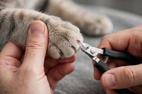 Careful hands using nail clippers to trim a cat's claws ensuring a comfortable and safe grooming experience for your beloved pet