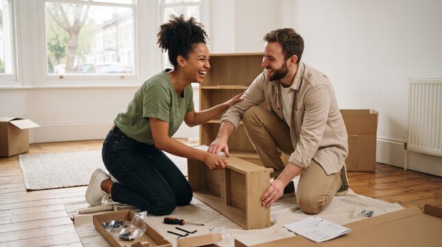 Happy couple assembling flat-pack furniture together in a new home