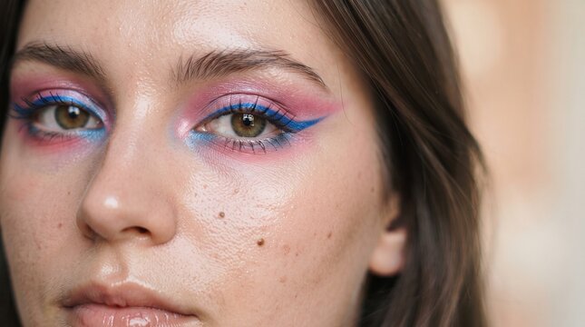 Close-up of a young woman's face with vibrant blue and pink eye makeup