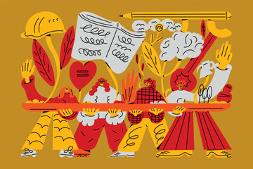 Obraz premium Diverse Workers Holding a Large Flower Pot with Plants Representing Work, Education and Creativity