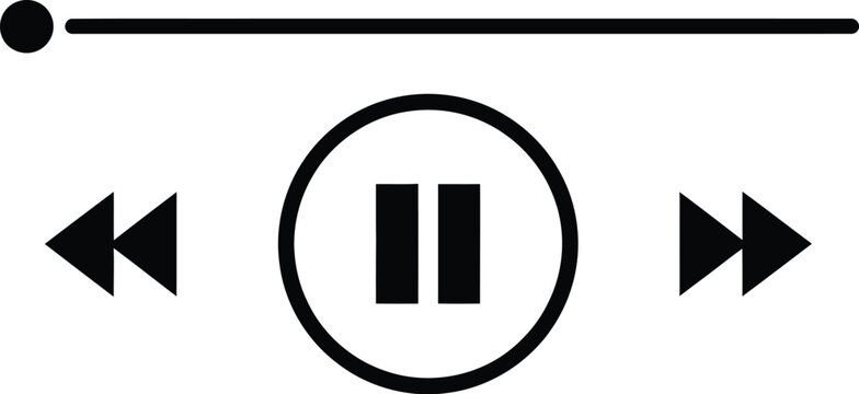 Media player controls, play pause buttons, music playback interface, audio waveform symbols, track navigation, sound settings, vector design isolated on white background.