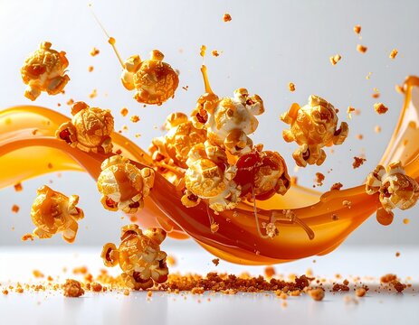 Caramel popcorn flying with liquid caramel splash on light background