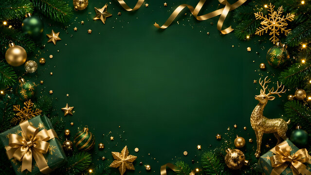 Elegant dark green christmas background with golden ornaments and deer