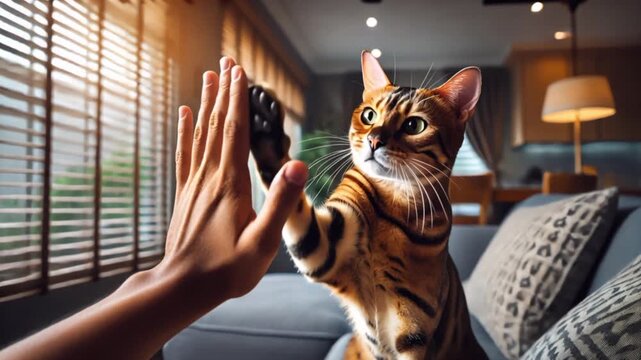 Video of Bengal cat gives a human hand a high five, demonstrating training, trust and interaction