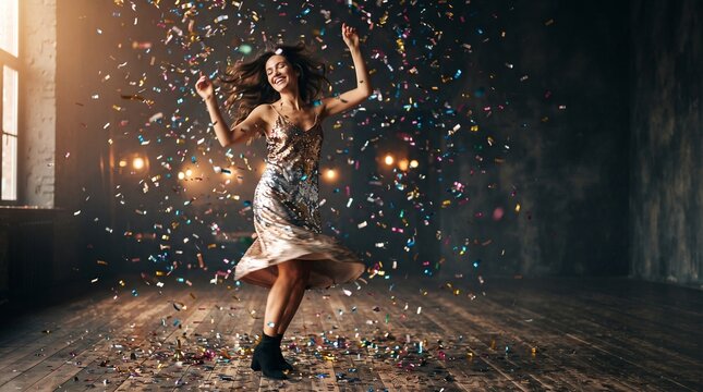 Woman dancing joyfully in a sequined dress with confetti falling around her