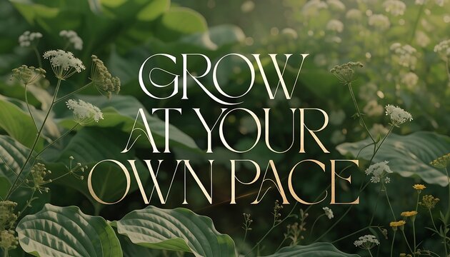 Grow At Your Own Pace text overlay on lush green nature background typography lettering