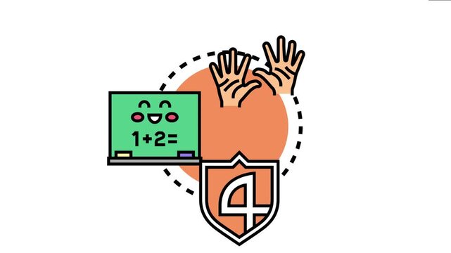 Mathematical counting proficiency skill development concept with hands counting, a chalkboard displaying an arithmetic problem, and a shield symbolizing achievement in education